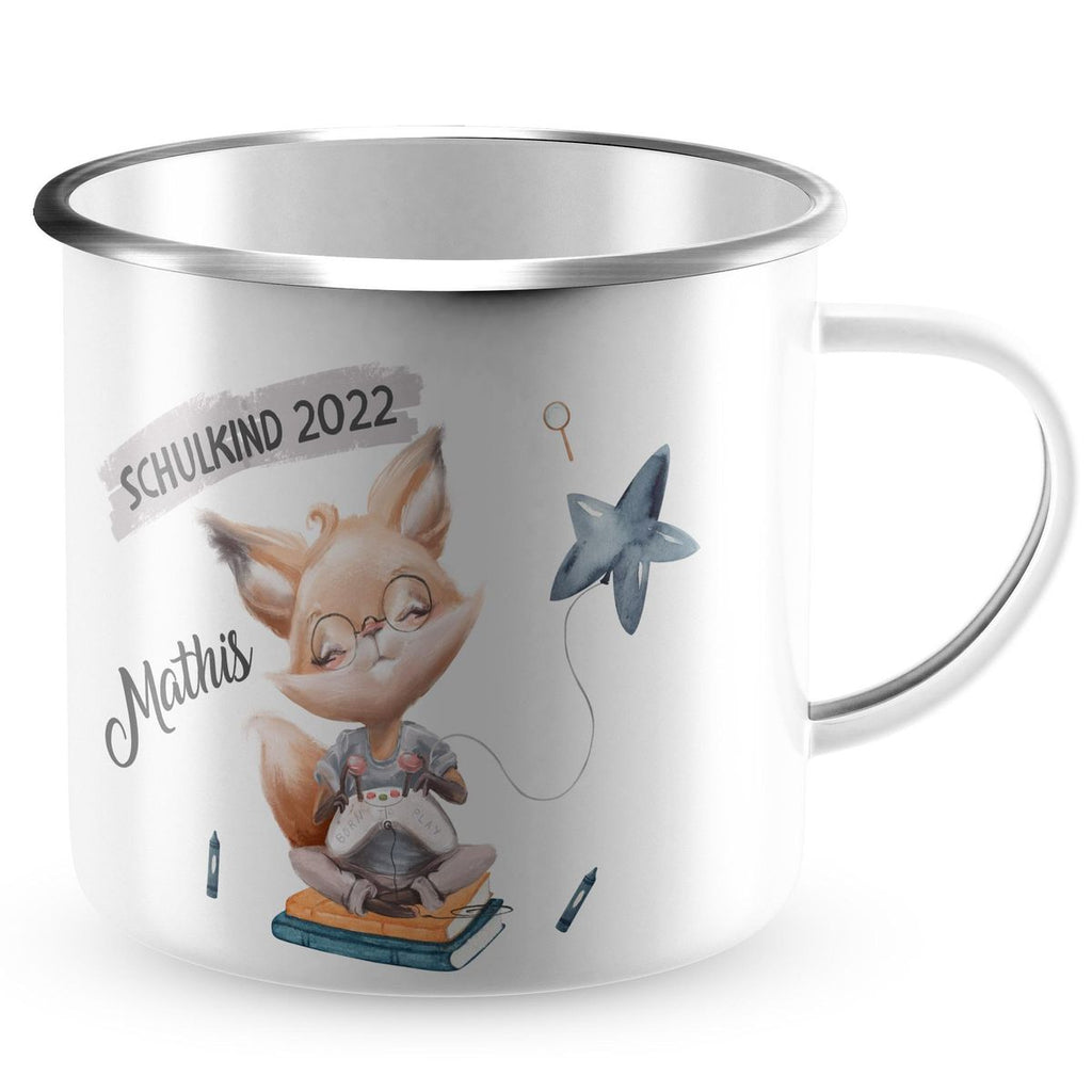 Emaille Tasse Schulkind 2023 Fuchs zockt mit Namen - von Mikalino