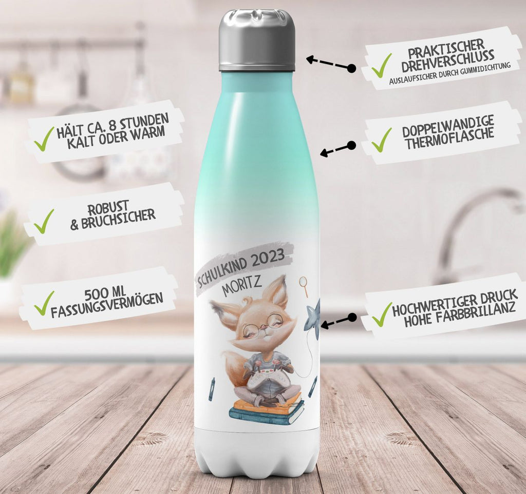 Thermo Trinkflasche Schulkind 2023 Fuchs zockt mit Namen - von Mikalino