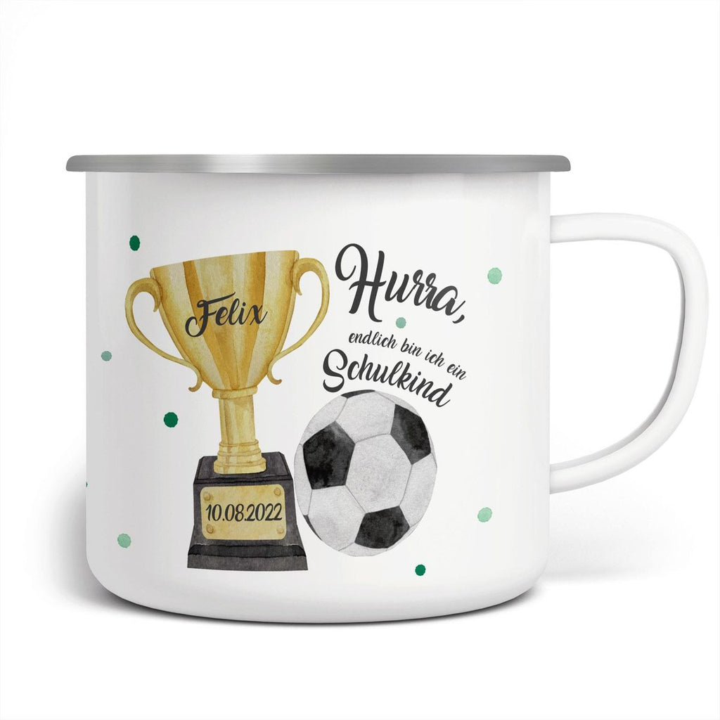 Emaille Tasse Hurra, endlich bin ich ein Schulkind Fussball personalisiert mit Wunschname und Datum - von Mikalino