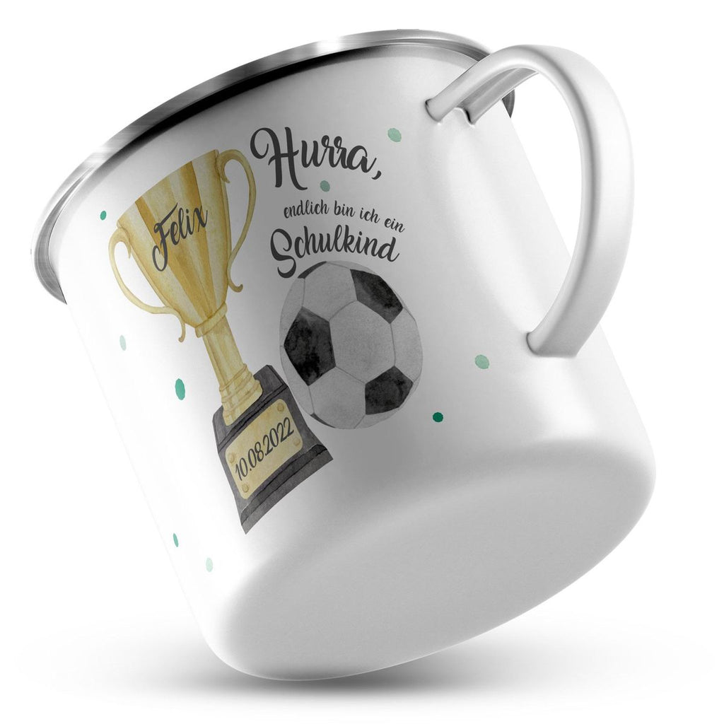 Emaille Tasse Hurra, endlich bin ich ein Schulkind Fussball personalisiert mit Wunschname und Datum - von Mikalino