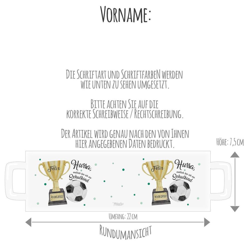 Emaille Tasse Hurra, endlich bin ich ein Schulkind Fussball personalisiert mit Wunschname und Datum - von Mikalino