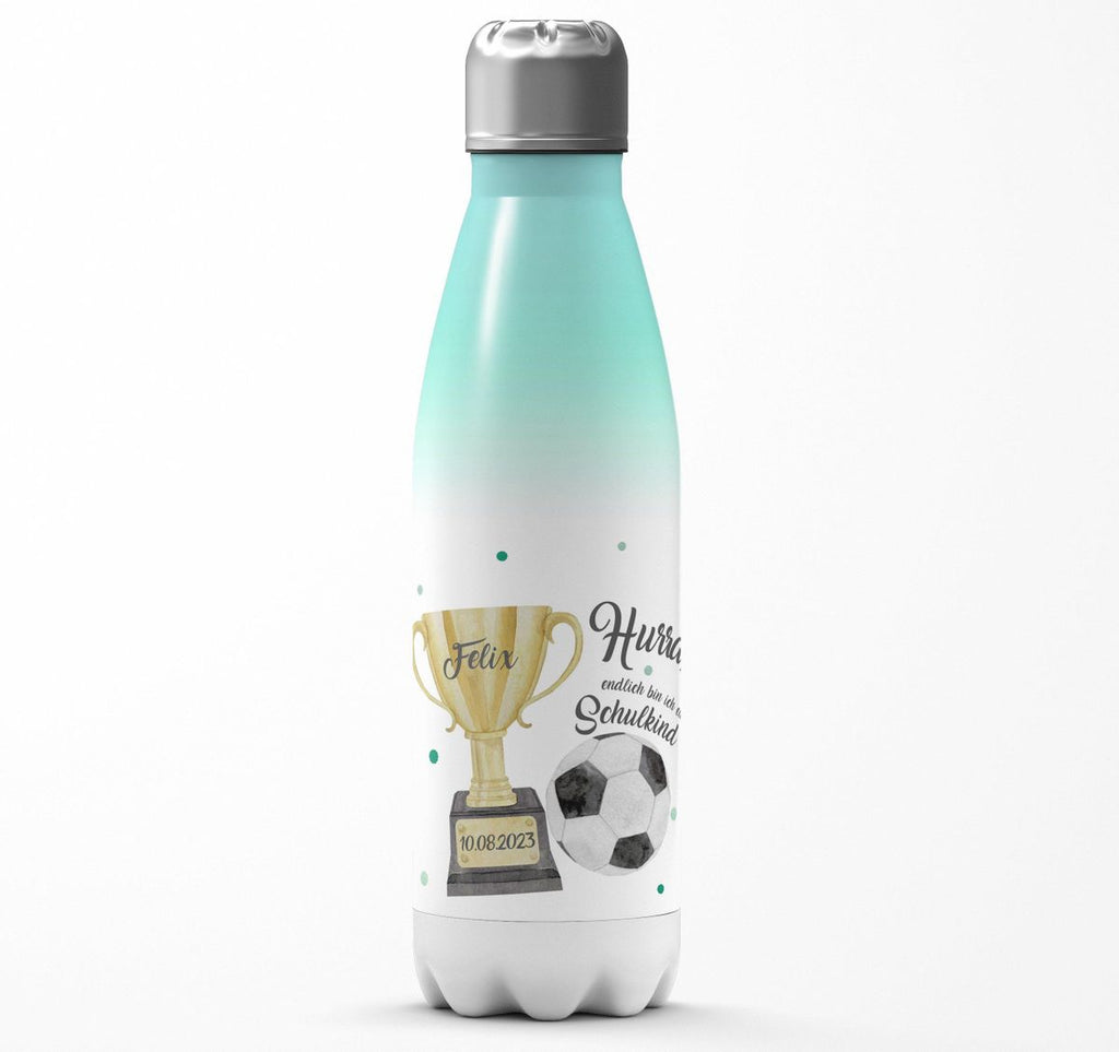 Thermo Trinkflasche Hurra, endlich bin ich ein Schulkind Fussball personalisiert mit Wunschname und Datum - von Mikalino