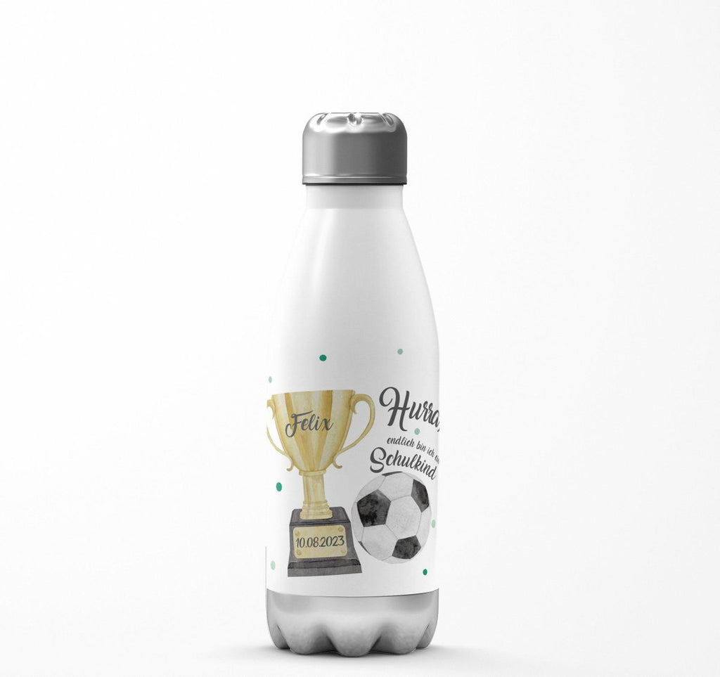 Thermo Trinkflasche Hurra, endlich bin ich ein Schulkind Fussball personalisiert mit Wunschname und Datum - von Mikalino