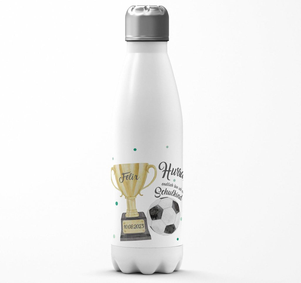 Thermo Trinkflasche Hurra, endlich bin ich ein Schulkind Fussball personalisiert mit Wunschname und Datum - von Mikalino