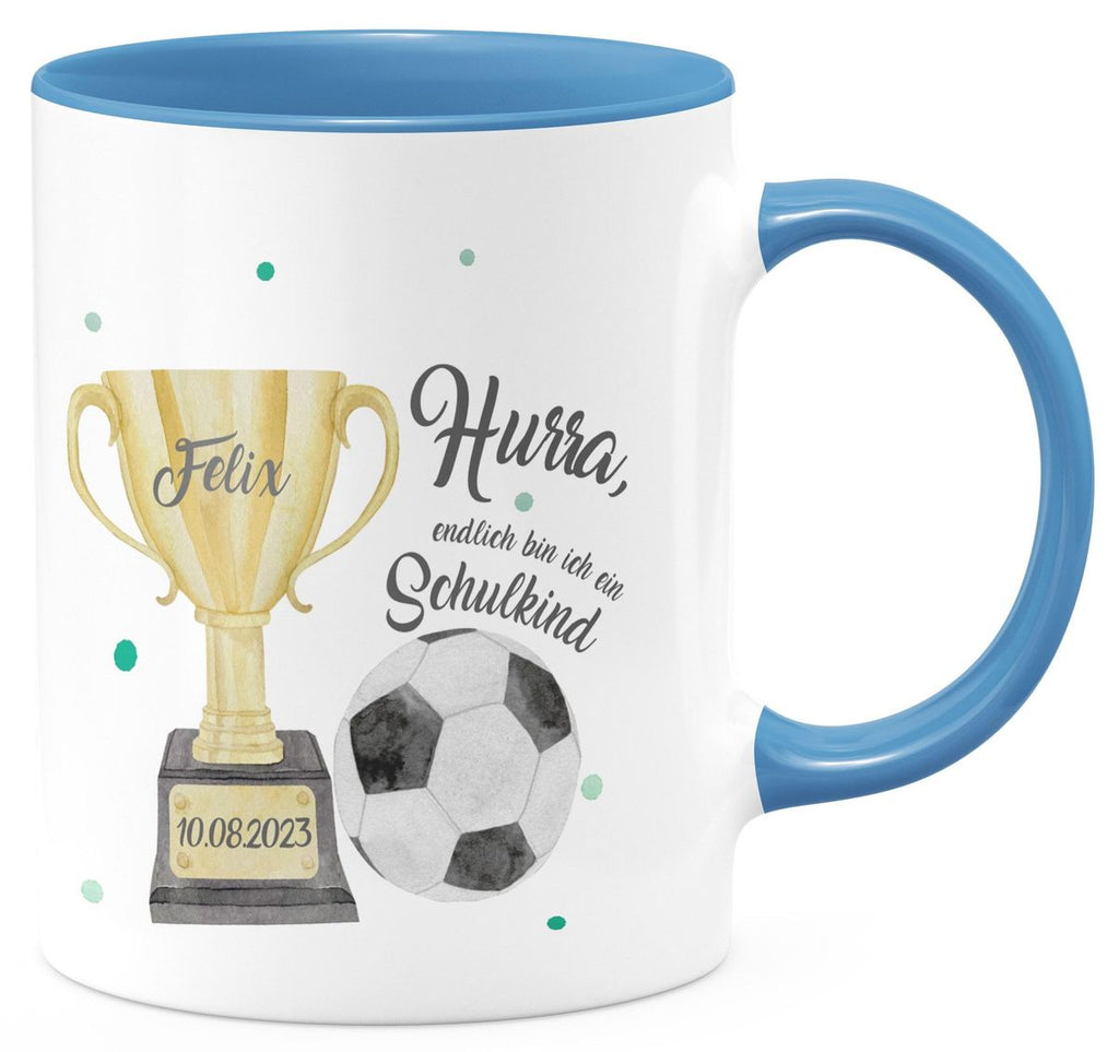 Keramik Tasse Hurra, endlich bin ich ein Schulkind Fussball personalisiert mit Wunschname und Datum - von Mikalino