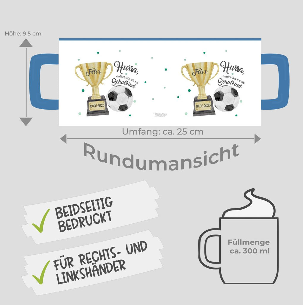 Keramik Tasse Hurra, endlich bin ich ein Schulkind Fussball personalisiert mit Wunschname und Datum - von Mikalino