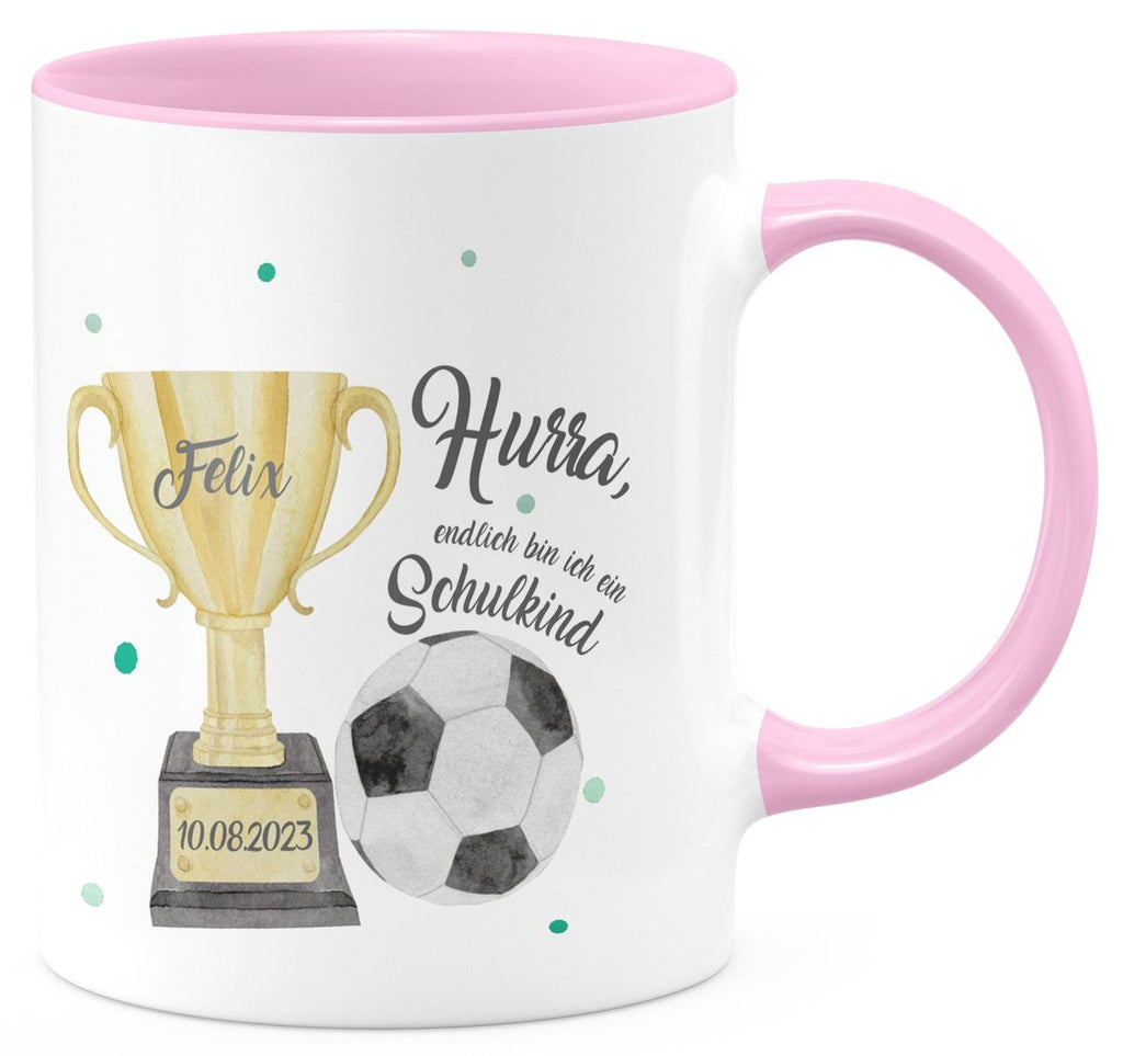 Keramik Tasse Hurra, endlich bin ich ein Schulkind Fussball personalisiert mit Wunschname und Datum - von Mikalino