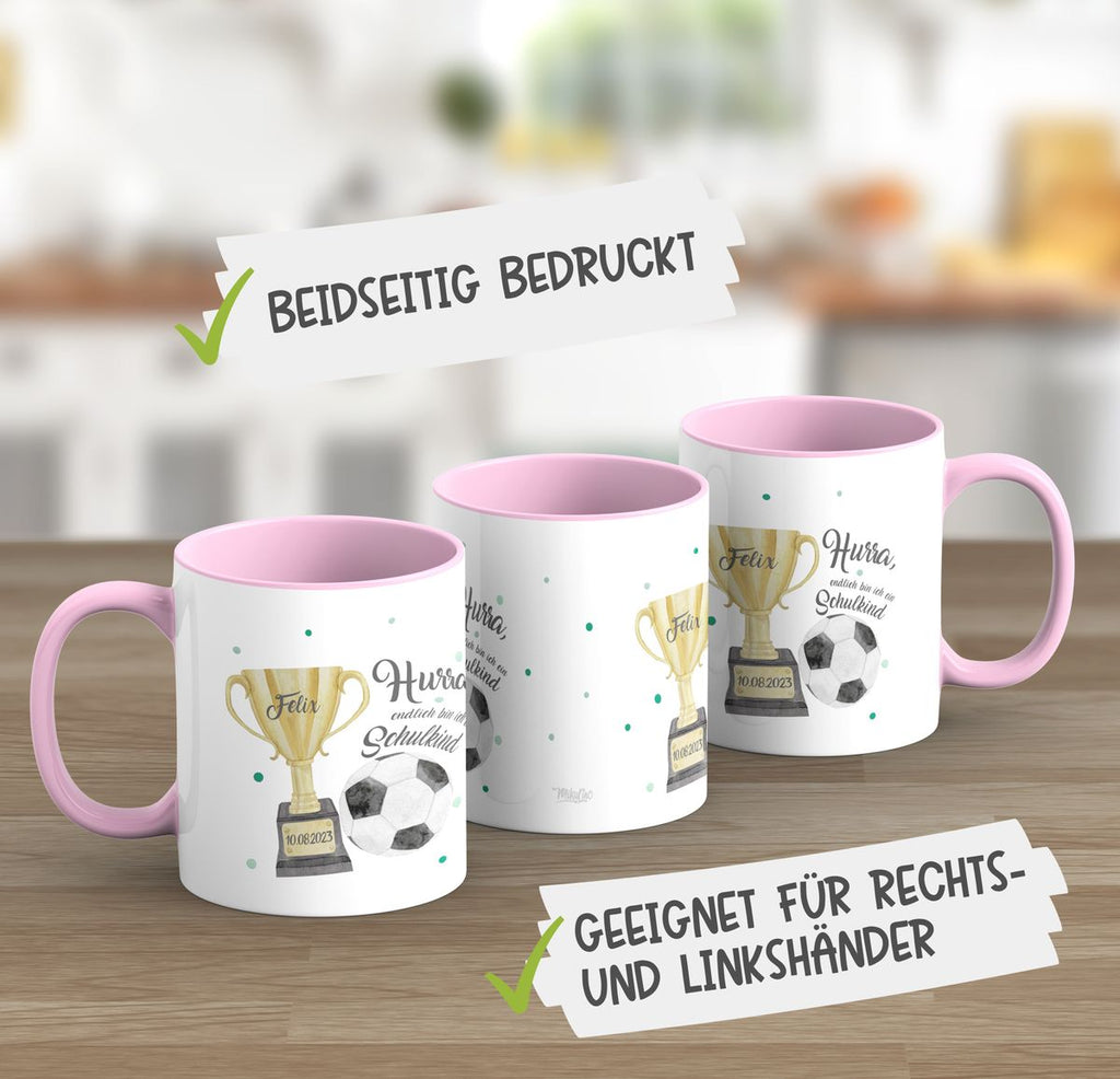 Keramik Tasse Hurra, endlich bin ich ein Schulkind Fussball personalisiert mit Wunschname und Datum - von Mikalino