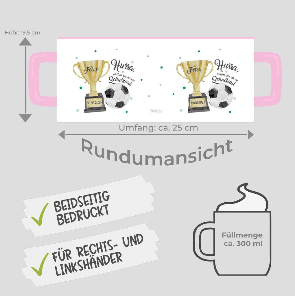 Keramik Tasse Hurra, endlich bin ich ein Schulkind Fussball personalisiert mit Wunschname und Datum - von Mikalino