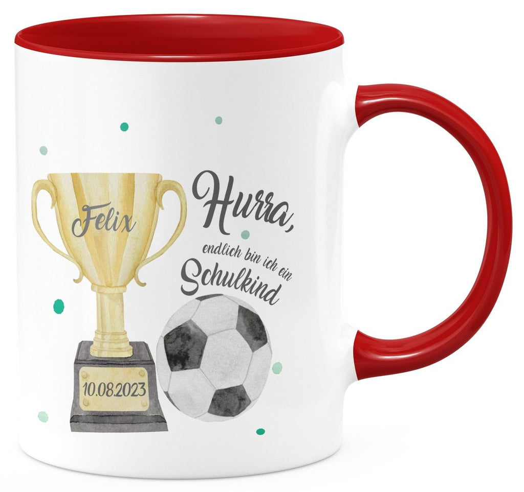 Keramik Tasse Hurra, endlich bin ich ein Schulkind Fussball personalisiert mit Wunschname und Datum - von Mikalino