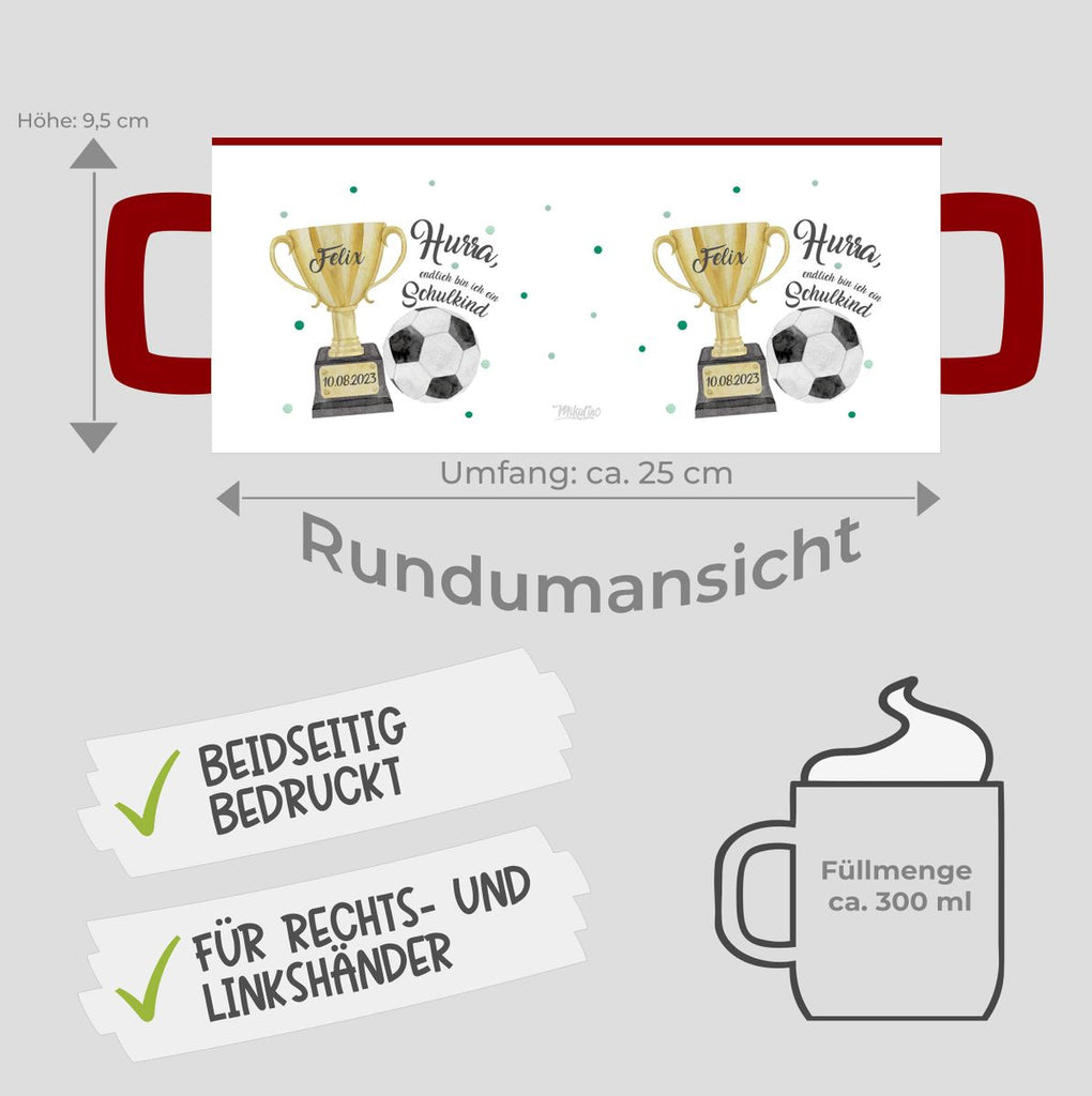 Keramik Tasse Hurra, endlich bin ich ein Schulkind Fussball personalisiert mit Wunschname und Datum - von Mikalino