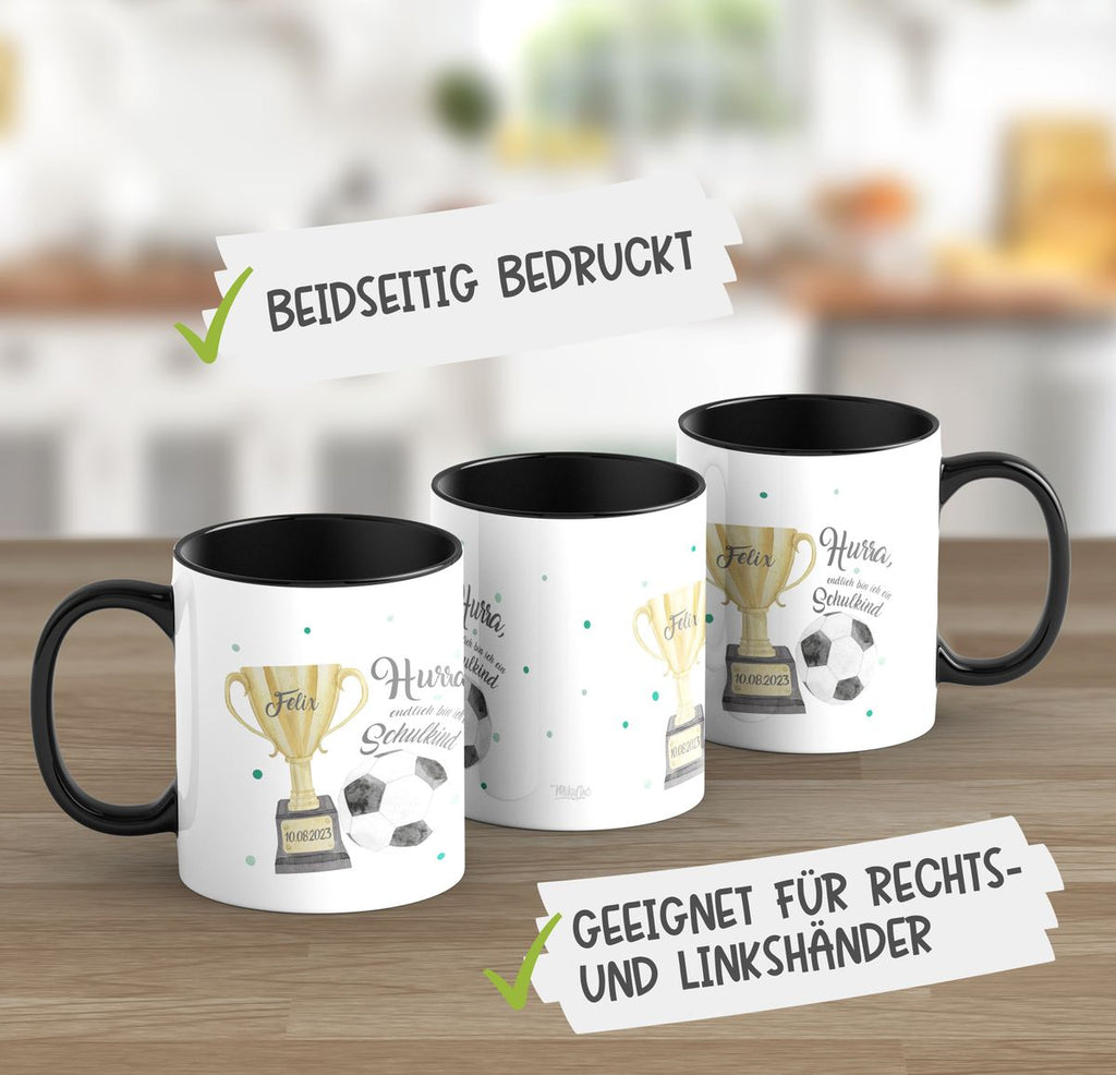 Keramik Tasse Hurra, endlich bin ich ein Schulkind Fussball personalisiert mit Wunschname und Datum - von Mikalino