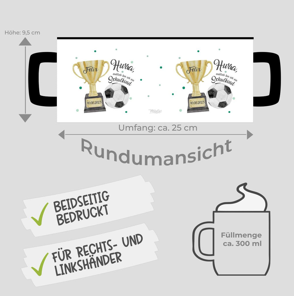 Keramik Tasse Hurra, endlich bin ich ein Schulkind Fussball personalisiert mit Wunschname und Datum - von Mikalino