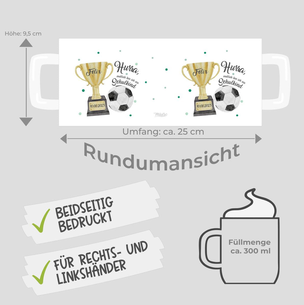 Keramik Tasse Hurra, endlich bin ich ein Schulkind Fussball personalisiert mit Wunschname und Datum - von Mikalino