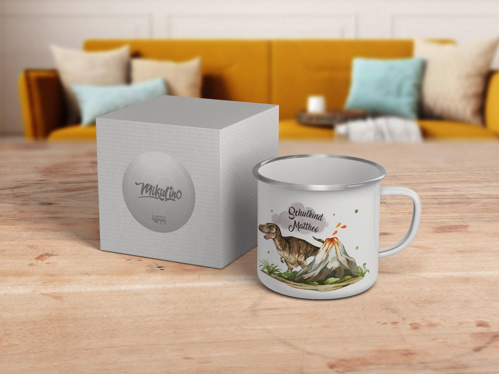 Emaille Tasse Tyrannosaurus Rex Schulkind personalisiert mit Wunschname - von Mikalino