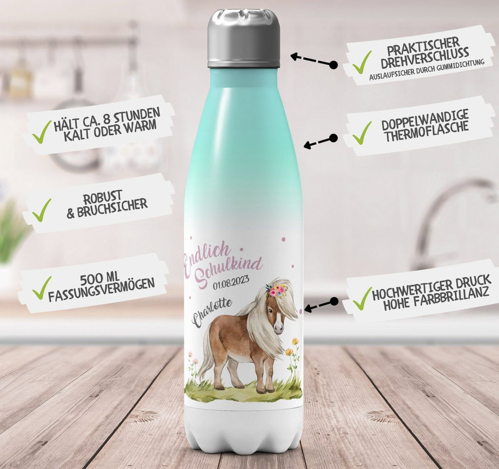 Thermo Trinkflasche Pferd / Pony Schulkind personalisiert mit Wunschname - von Mikalino