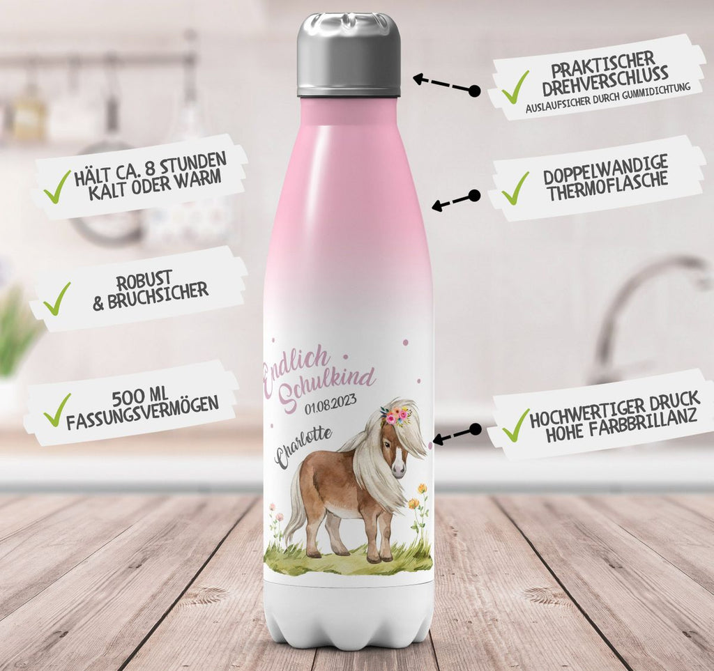 Thermo Trinkflasche Pferd / Pony Schulkind personalisiert mit Wunschname - von Mikalino