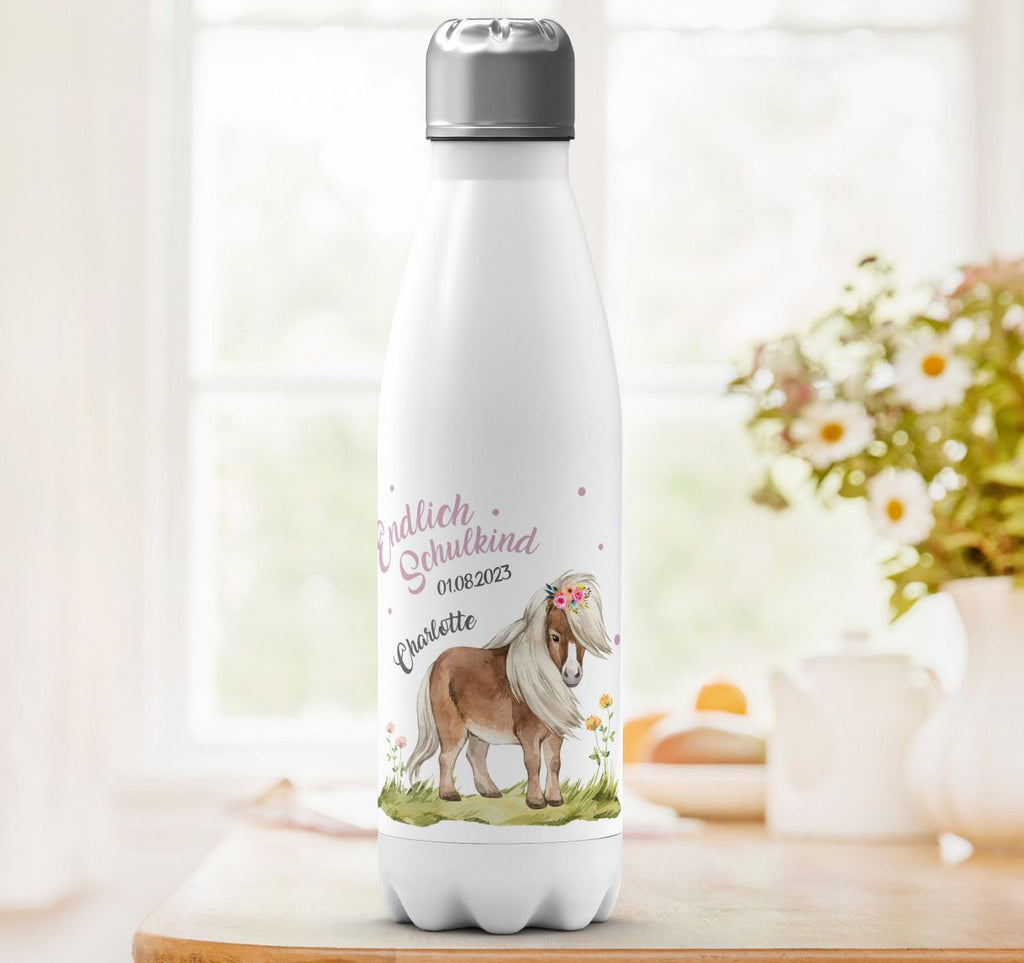 Thermo Trinkflasche Pferd / Pony Schulkind personalisiert mit Wunschname - von Mikalino