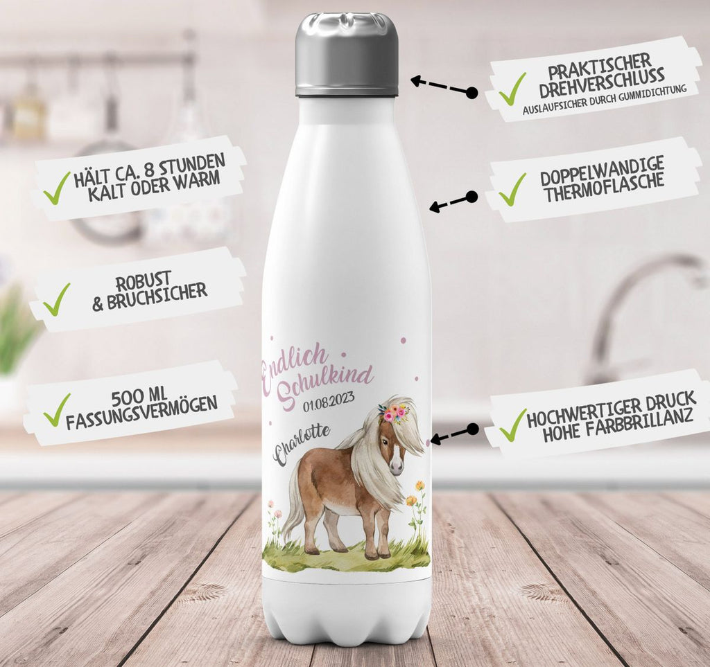 Thermo Trinkflasche Pferd / Pony Schulkind personalisiert mit Wunschname - von Mikalino