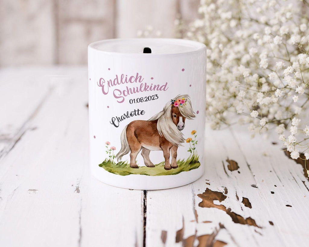 Kinder Spardose Pferd / Pony Schulkind personalisiert mit Wunschname - von Mikalino