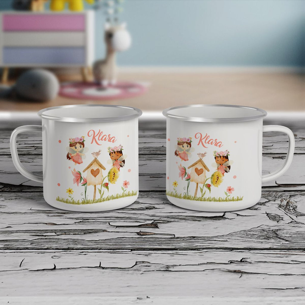 Emaille Tasse Feen mit Vogelhaus personalisiert mit Wunschname - von Mikalino