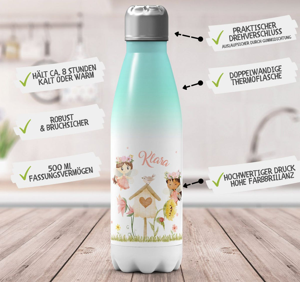 Thermo Trinkflasche Feen mit Vogelhaus personalisiert mit Wunschname - von Mikalino