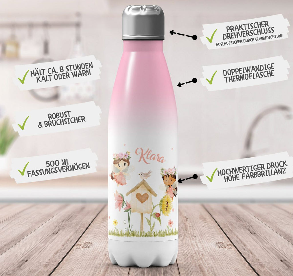 Thermo Trinkflasche Feen mit Vogelhaus personalisiert mit Wunschname - von Mikalino