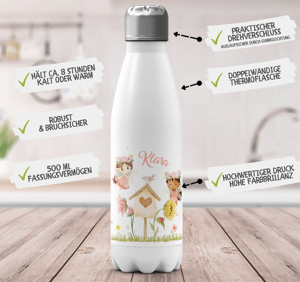 Thermo Trinkflasche Feen mit Vogelhaus personalisiert mit Wunschname - von Mikalino