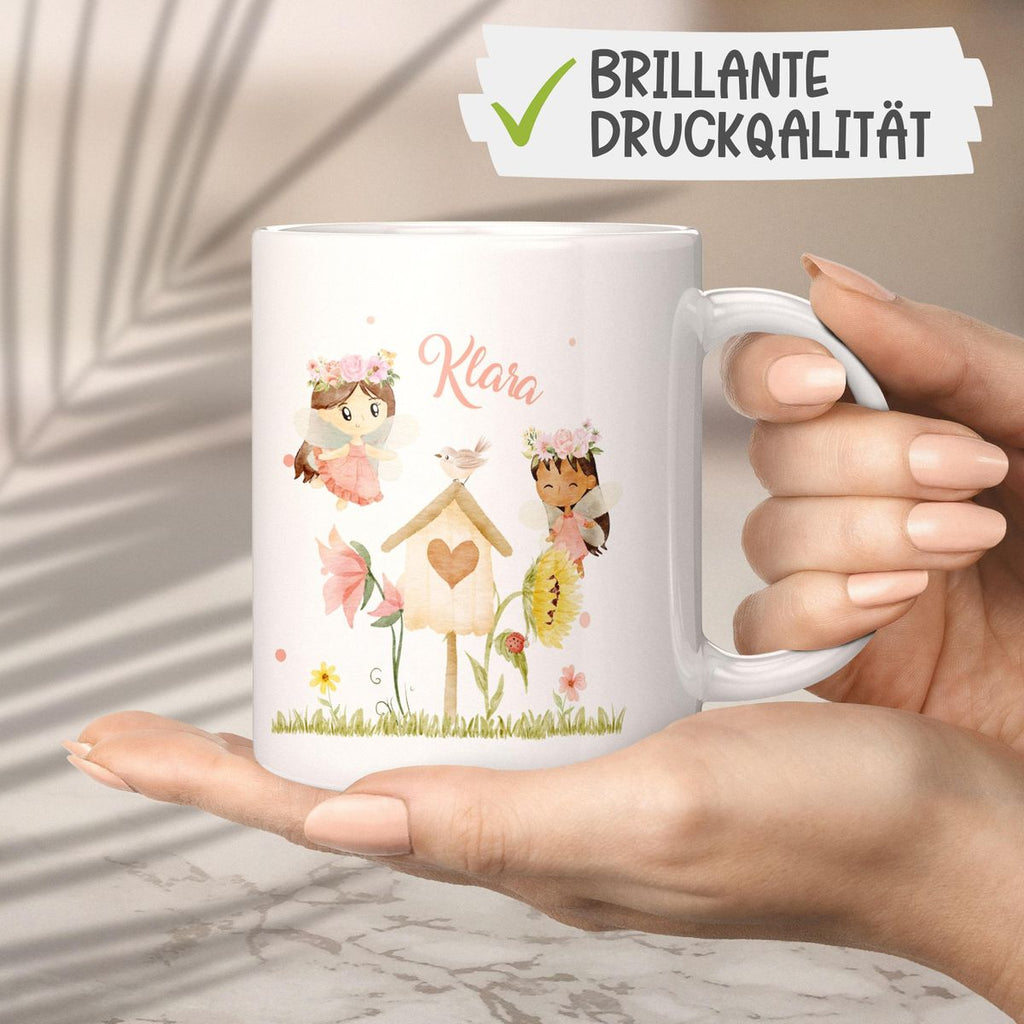 Keramik Tasse Feen mit Vogelhaus personalisiert mit Wunschname - von Mikalino