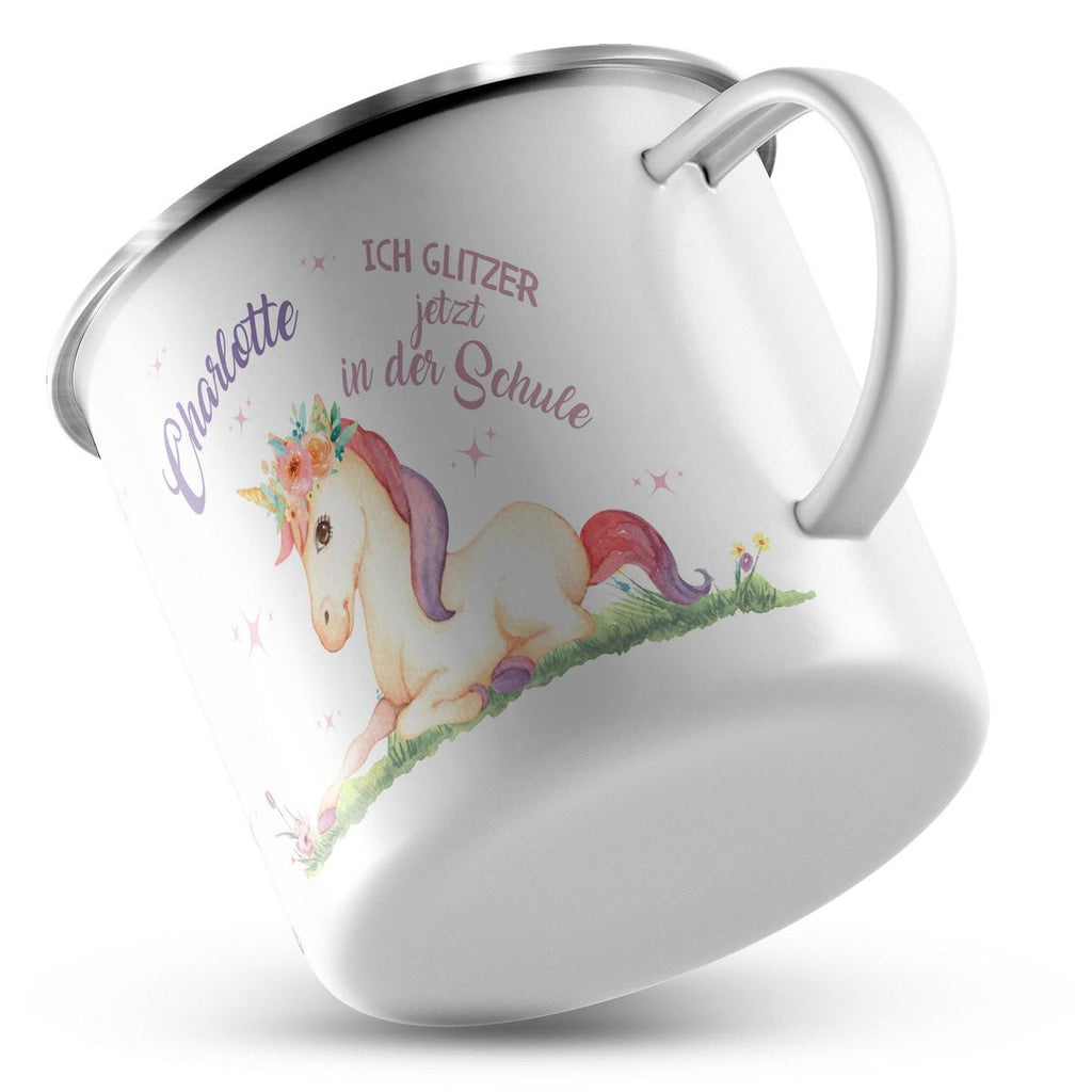 Emaille Tasse Einhorn liegend Schulkind personalisiert mit Wunschname - von Mikalino