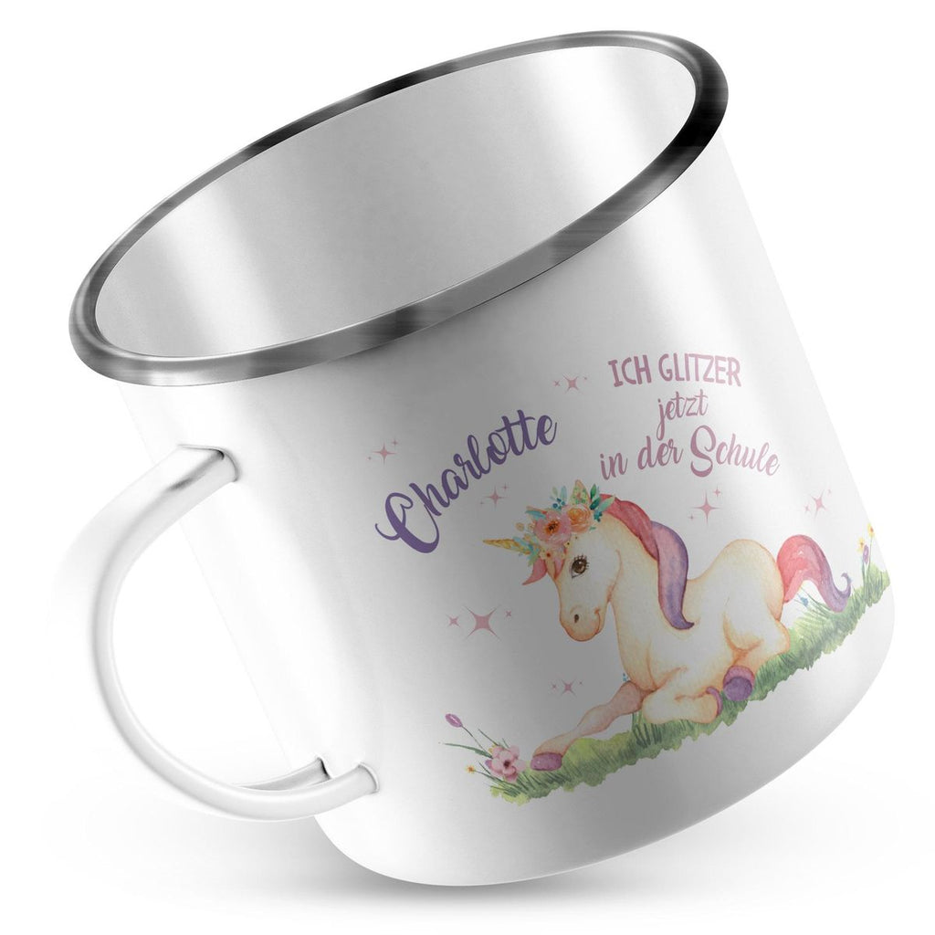 Emaille Tasse Einhorn liegend Schulkind personalisiert mit Wunschname - von Mikalino