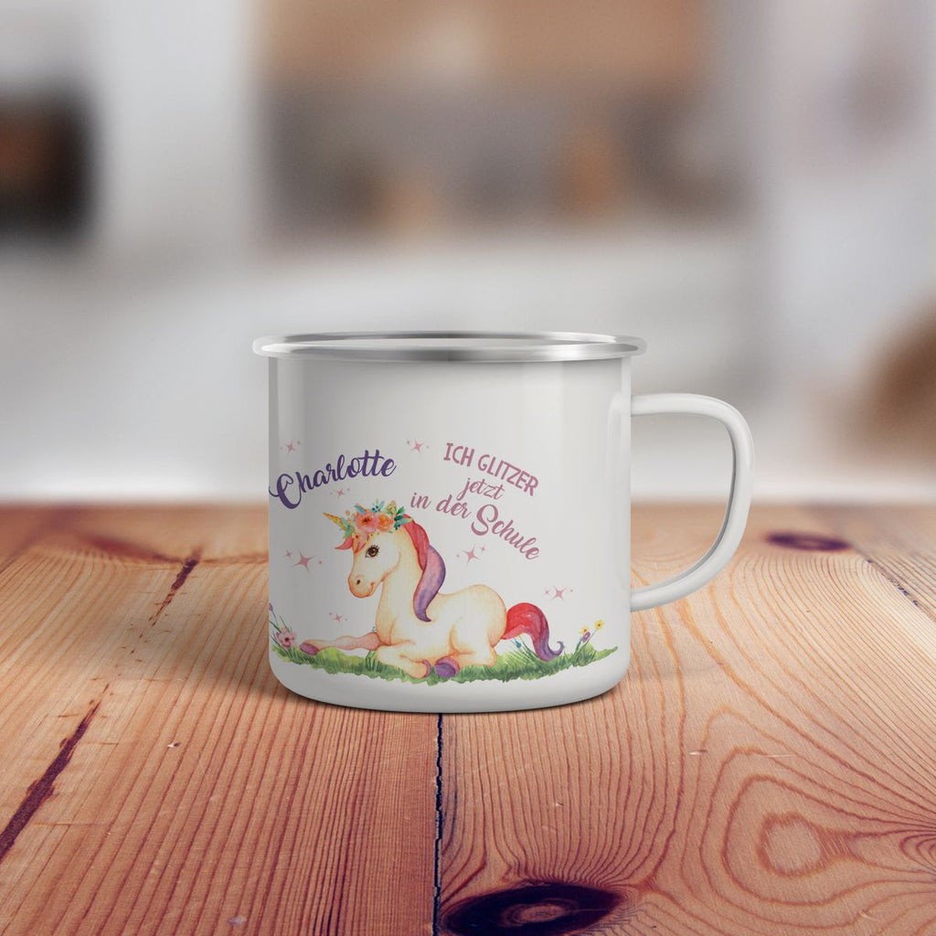 Emaille Tasse Einhorn liegend Schulkind personalisiert mit Wunschname - von Mikalino