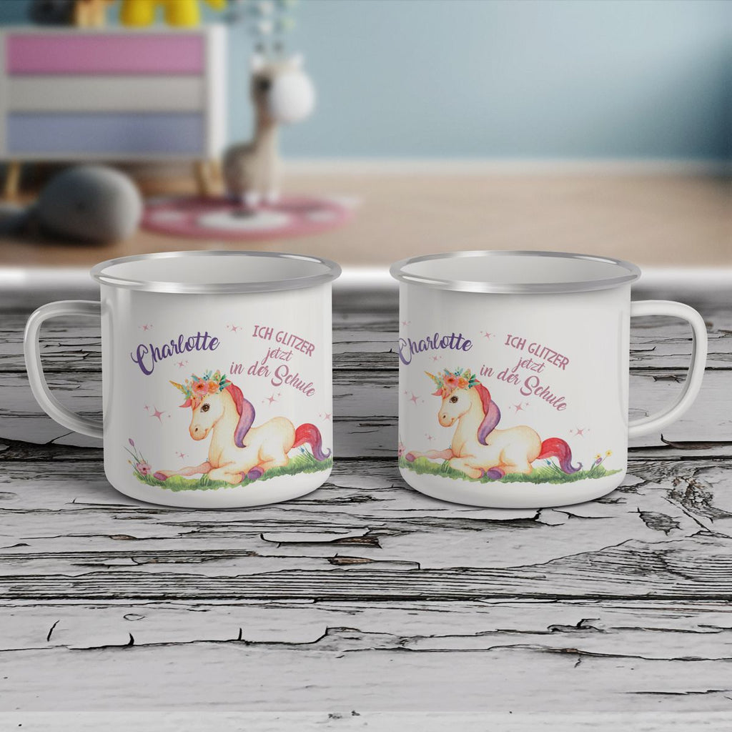 Emaille Tasse Einhorn liegend Schulkind personalisiert mit Wunschname - von Mikalino