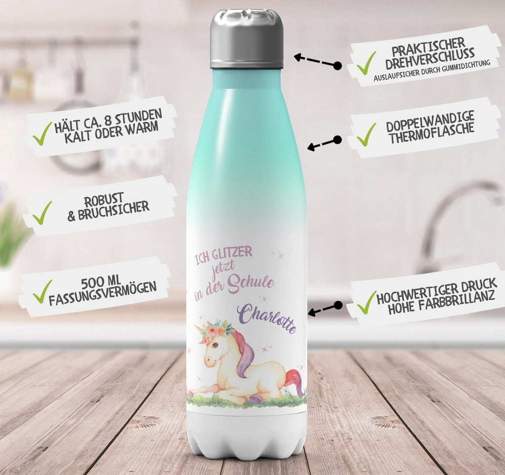 Thermo Trinkflasche Einhorn liegend Schulkind personalisiert mit Wunschname - von Mikalino