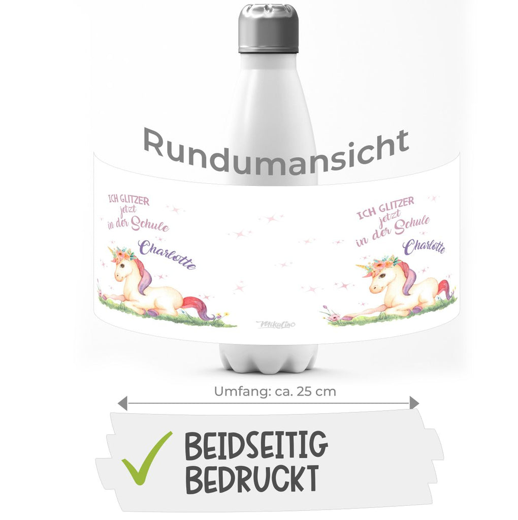 Thermo Trinkflasche Einhorn liegend Schulkind personalisiert mit Wunschname - von Mikalino