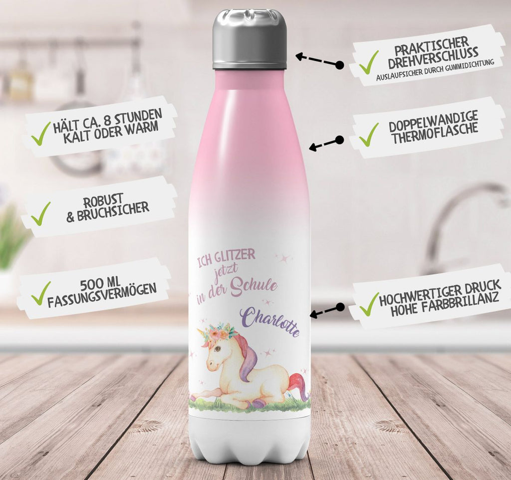 Thermo Trinkflasche Einhorn liegend Schulkind personalisiert mit Wunschname - von Mikalino