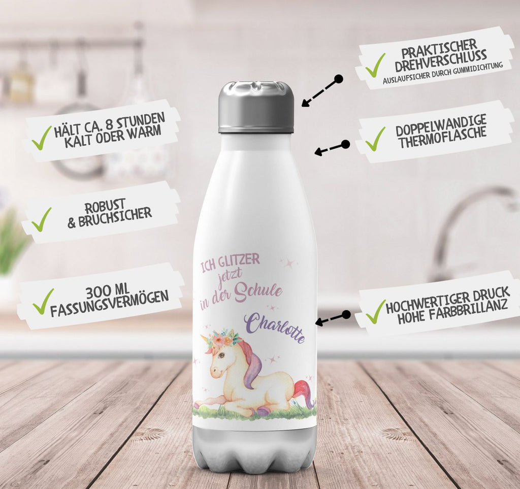 Thermo Trinkflasche Einhorn liegend Schulkind personalisiert mit Wunschname - von Mikalino