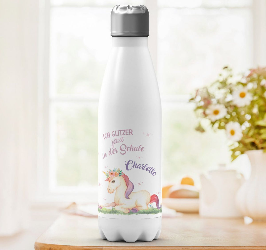 Thermo Trinkflasche Einhorn liegend Schulkind personalisiert mit Wunschname - von Mikalino