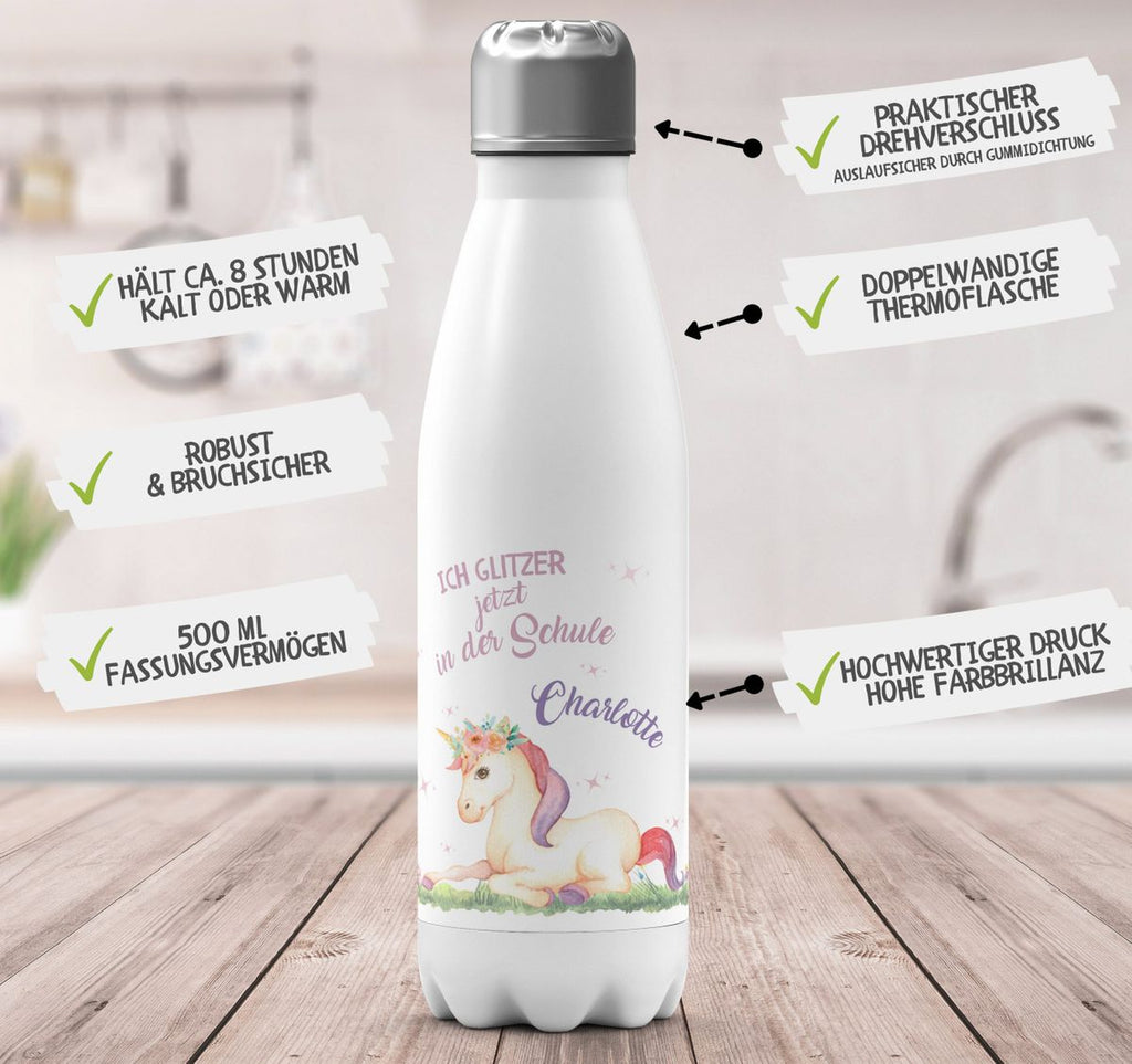 Thermo Trinkflasche Einhorn liegend Schulkind personalisiert mit Wunschname - von Mikalino