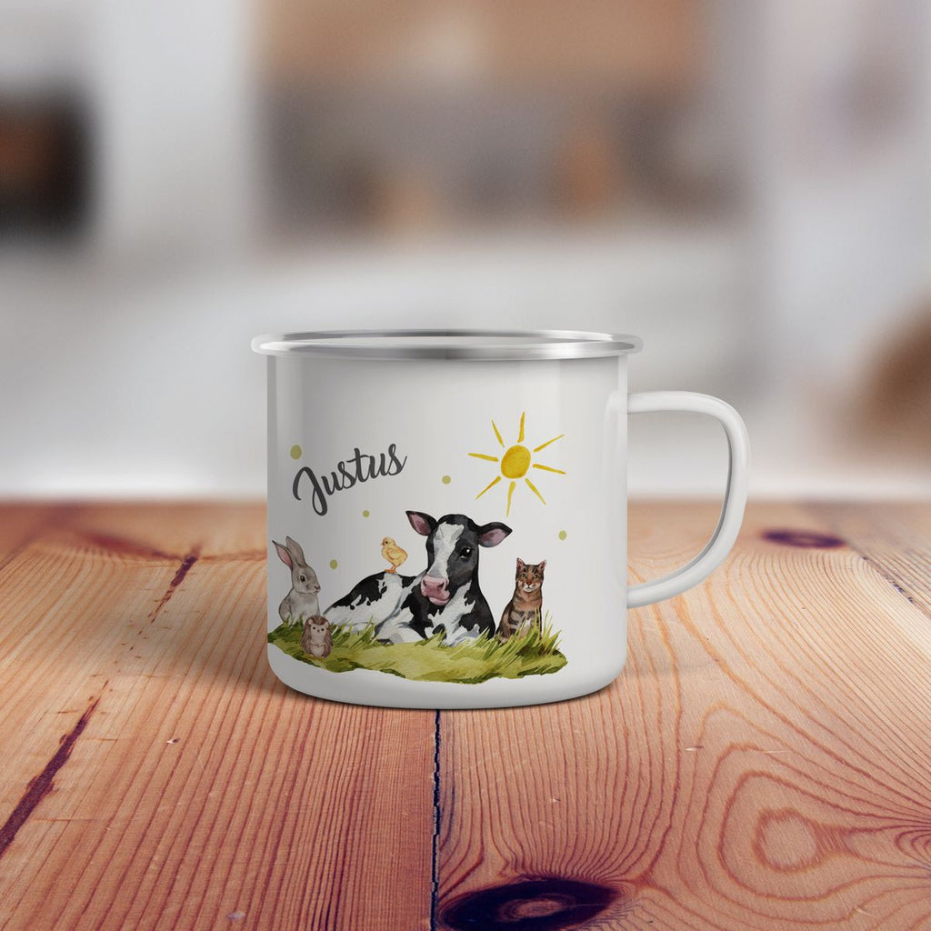 Emaille Tasse Tiere vom Bauernhof personalisiert mit Wunschname - von Mikalino