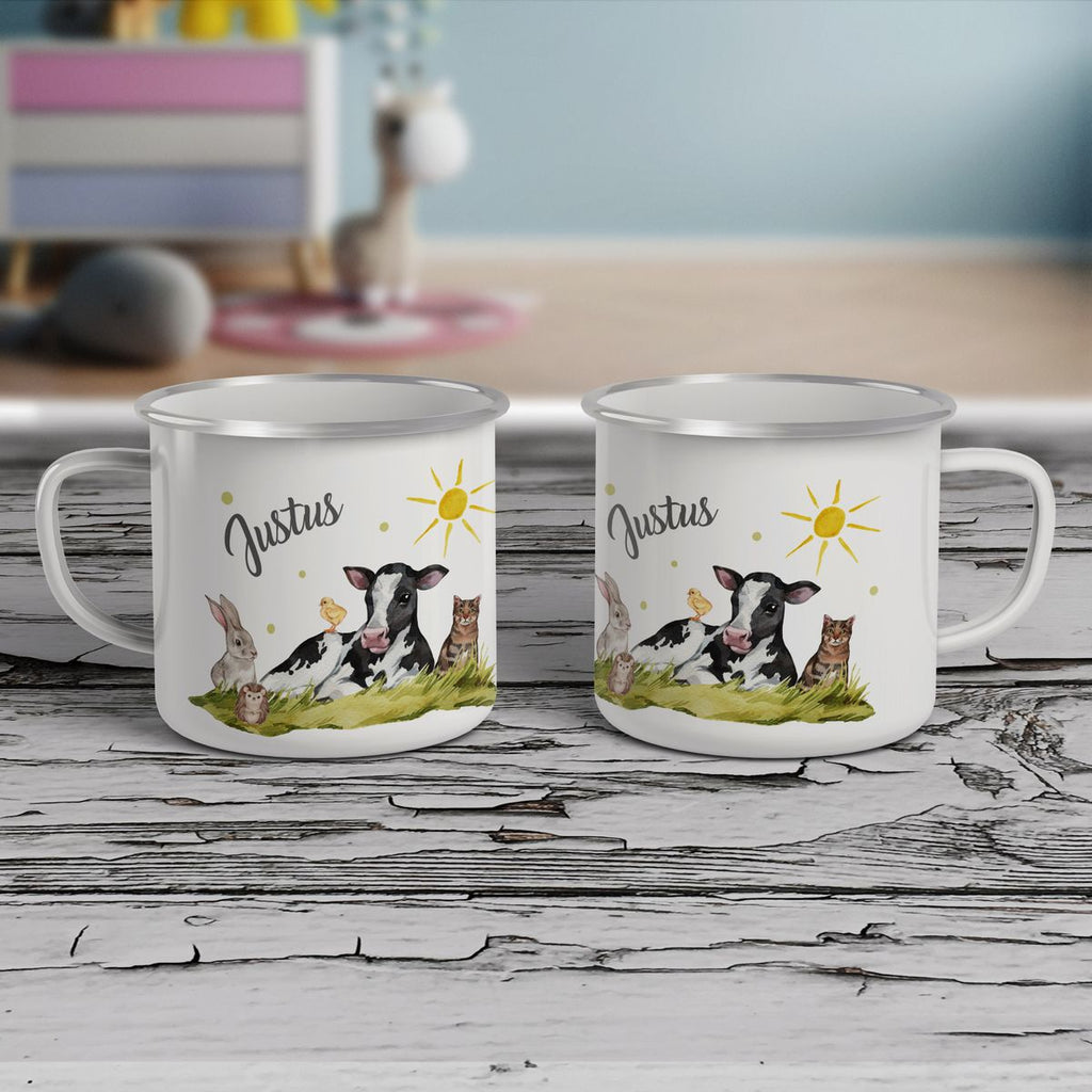 Emaille Tasse Tiere vom Bauernhof personalisiert mit Wunschname - von Mikalino