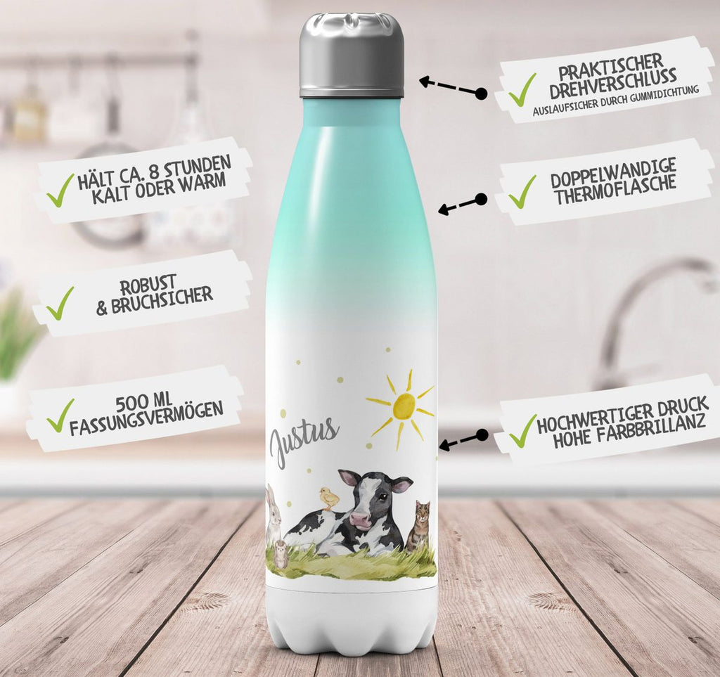 Thermo Trinkflasche Tiere vom Bauernhof personalisiert mit Wunschname - von Mikalino