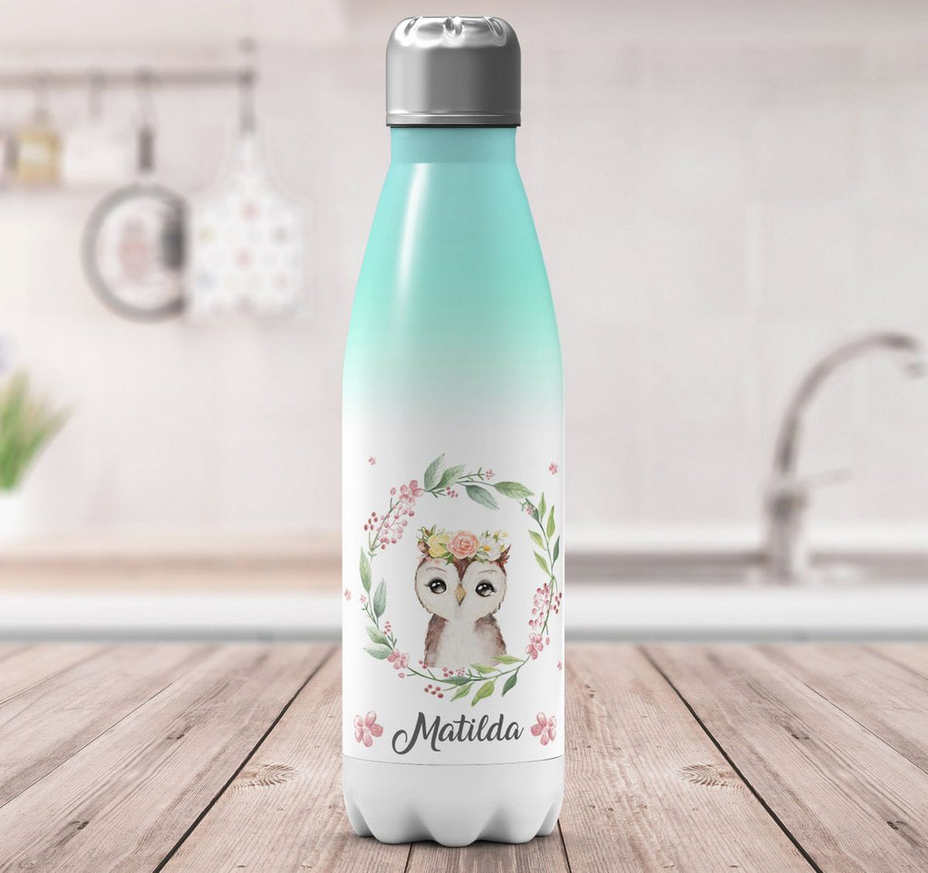 Thermo Trinkflasche Süße Eule mit Blumenkranz personalisiert mit Wunschname - von Mikalino