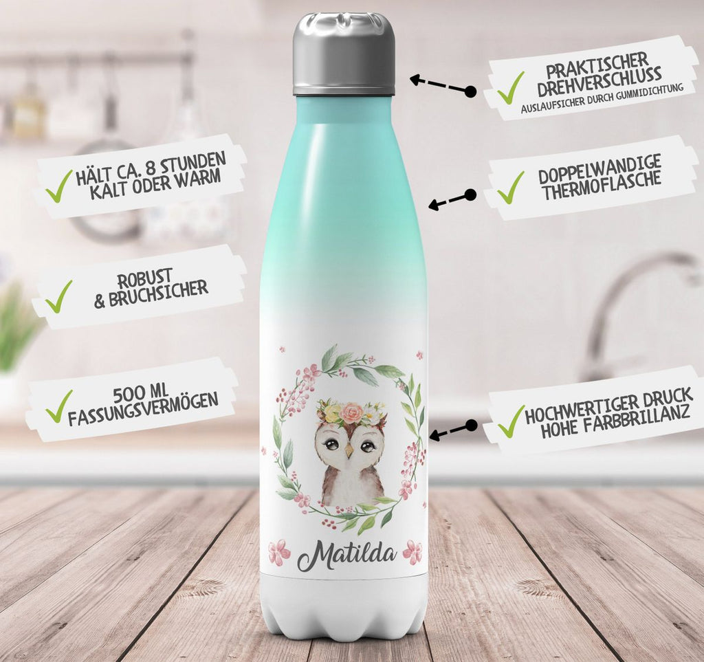 Thermo Trinkflasche Süße Eule mit Blumenkranz personalisiert mit Wunschname - von Mikalino