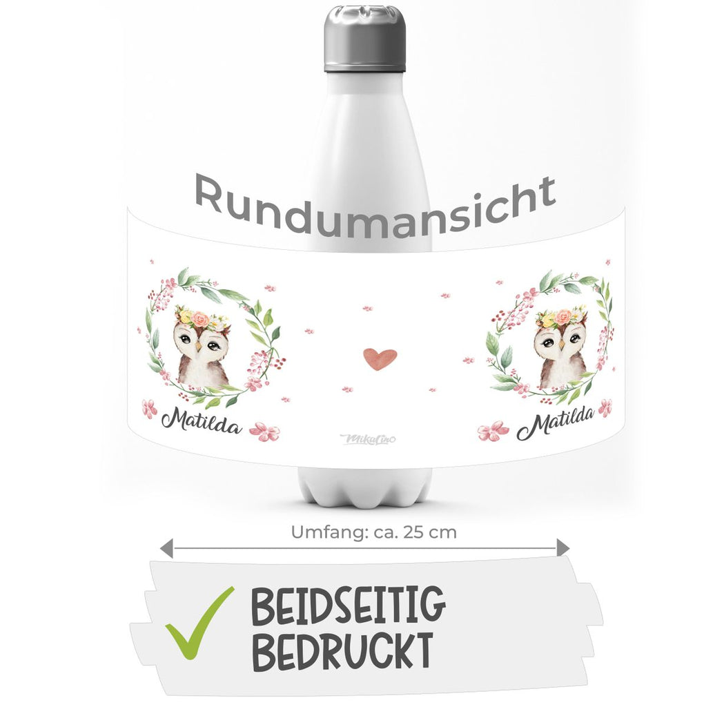 Thermo Trinkflasche Süße Eule mit Blumenkranz personalisiert mit Wunschname - von Mikalino