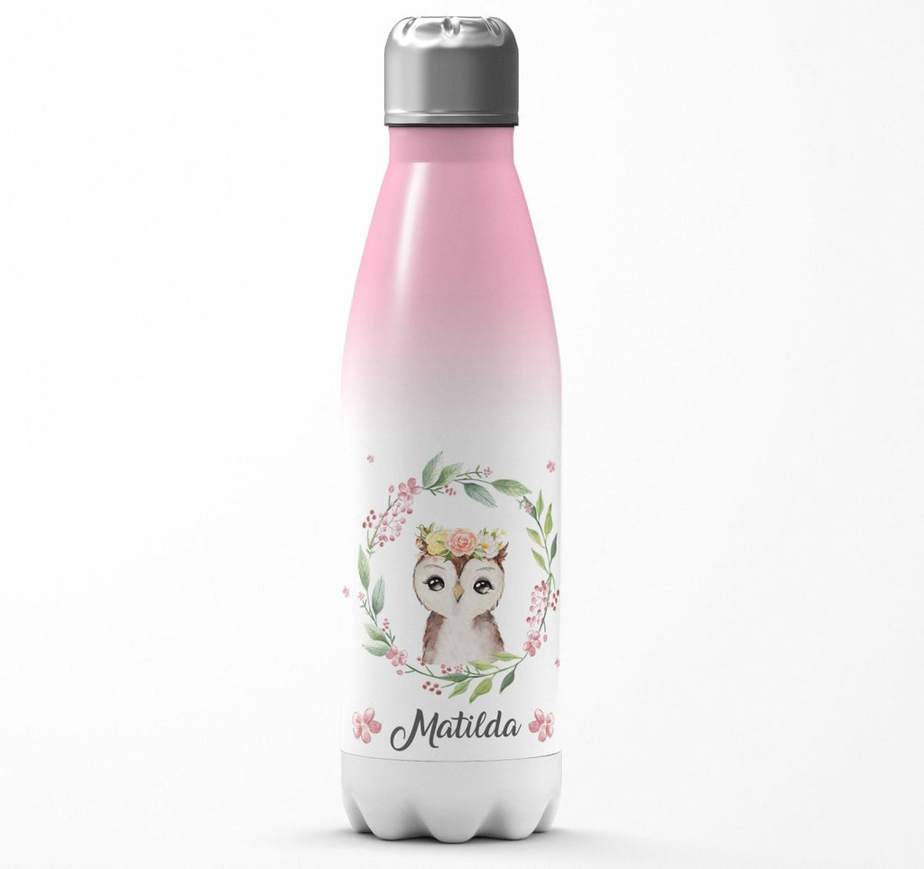 Thermo Trinkflasche Süße Eule mit Blumenkranz personalisiert mit Wunschname - von Mikalino