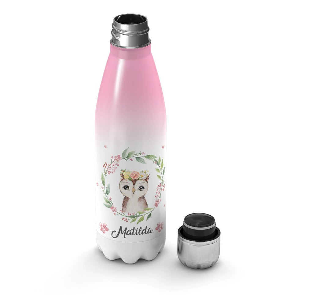 Thermo Trinkflasche Süße Eule mit Blumenkranz personalisiert mit Wunschname - von Mikalino