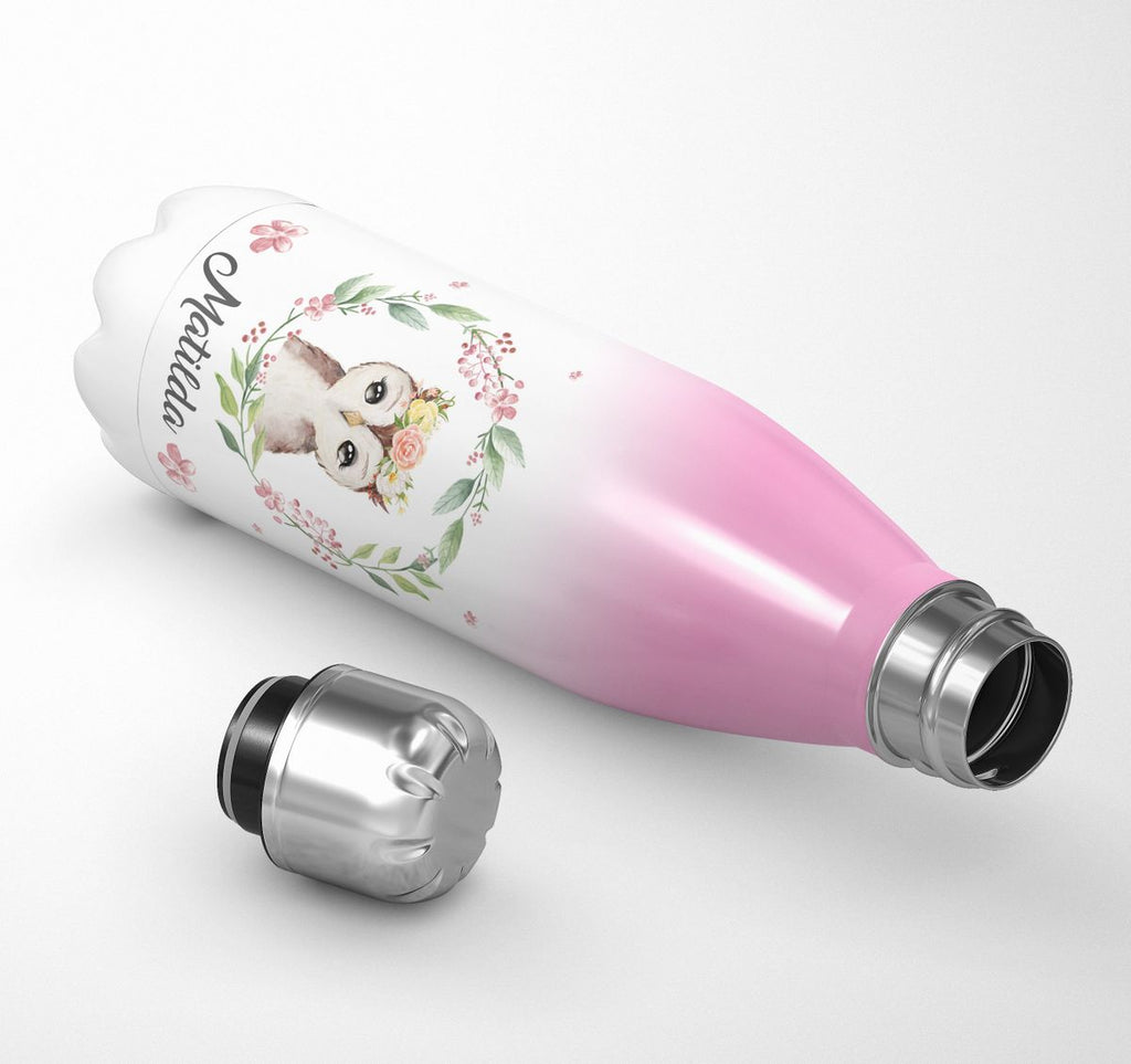 Thermo Trinkflasche Süße Eule mit Blumenkranz personalisiert mit Wunschname - von Mikalino