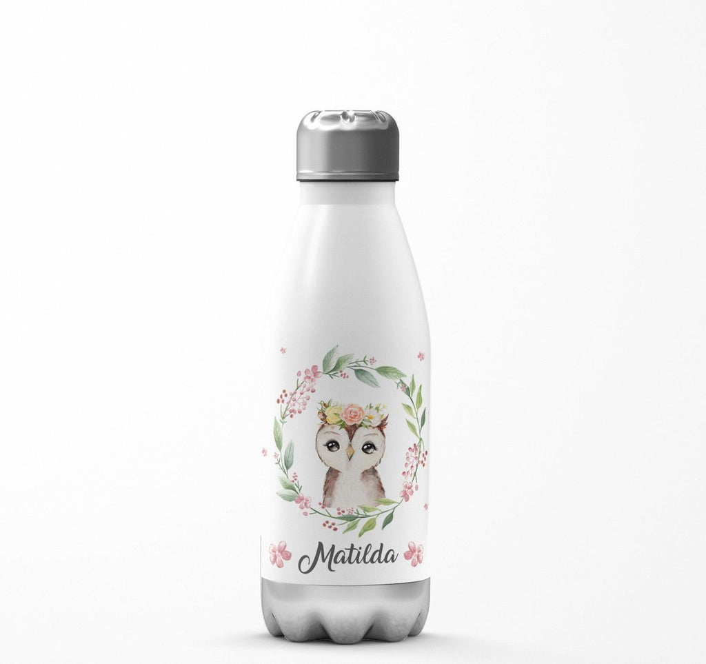 Thermo Trinkflasche Süße Eule mit Blumenkranz personalisiert mit Wunschname - von Mikalino