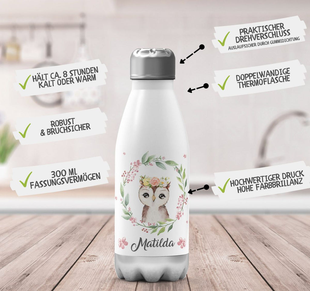 Thermo Trinkflasche Süße Eule mit Blumenkranz personalisiert mit Wunschname - von Mikalino